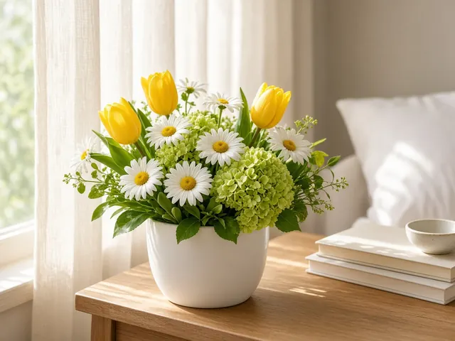 Yellow tulips, white daisies and green hydrangea in a white pot on a sunny bedside table