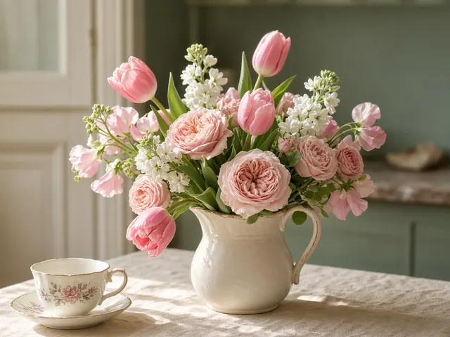 Pink tulips, pale pink garden roses, white stock and sweet peas in a vintage cream pitcher on a sunny kitchen table beside a teacup