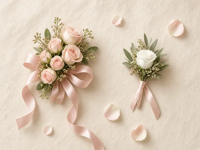 A blush spray rose wrist corsage with satin ribbon next to a small white rose boutonniere on cream paper